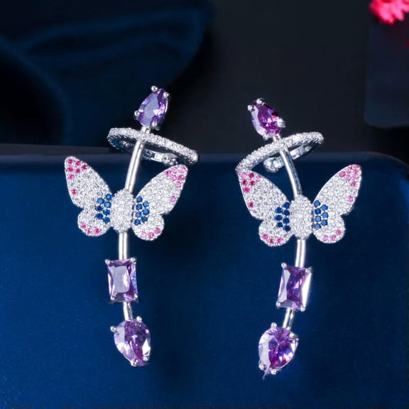 EOEMY Symmetrical Purple Cz Butterfly Ear Cuff Climber Stud Earring 925 Silver Jewelry