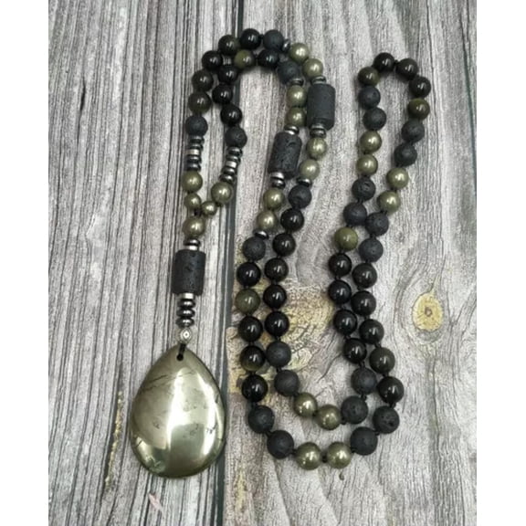 EOEMY Teardrop Pyrite Stone Pendant Obisdian Lava Beads Stone Handmade Knot Necklaces-108 Piece Beads