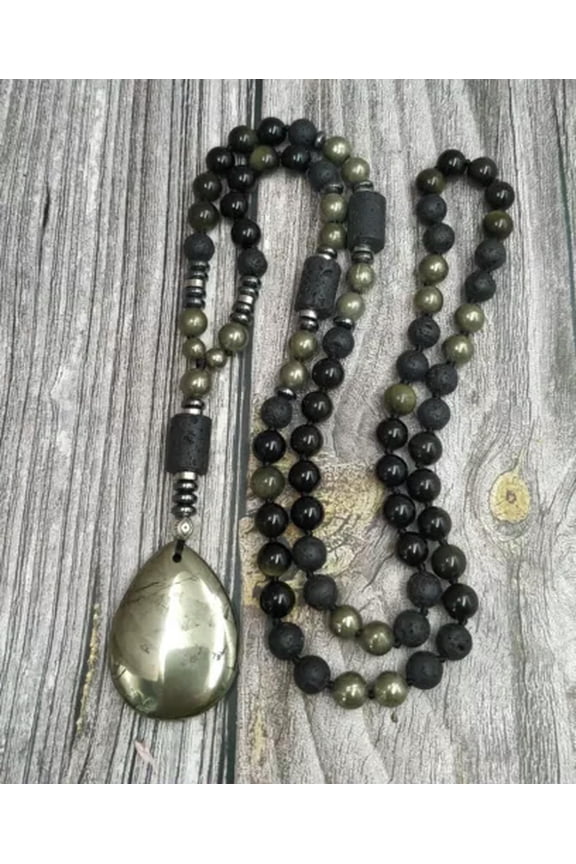Teardrop Pyrite Stone Pendant Obisdian Lava Beads Stone Handmade Knot Necklaces-80Cm