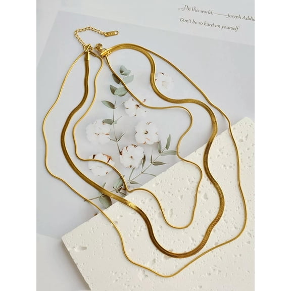 EOEMY Three Layers Gold-Tone Stainless Steel Snake Chain Choker Necklace-Default
