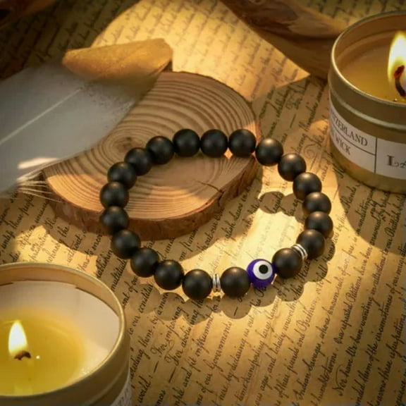 EOEMY Tiger Eye Natural Stone 8mm Beads Bracelet Women Men Evil Eye Healing Bracelets-Black