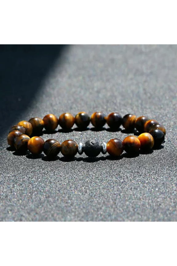 Tiger Eye Natural Stone Beaded Bracelet Women Men Elasticity Bangle Jewelry Lot-Tiger Eye+Lava