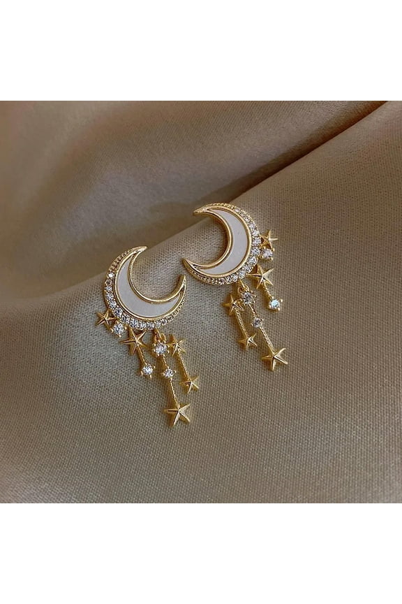 Trendy Crystal Moon Tassel Gold Plated Earrings Stud Drop Dangle Women Jewelry