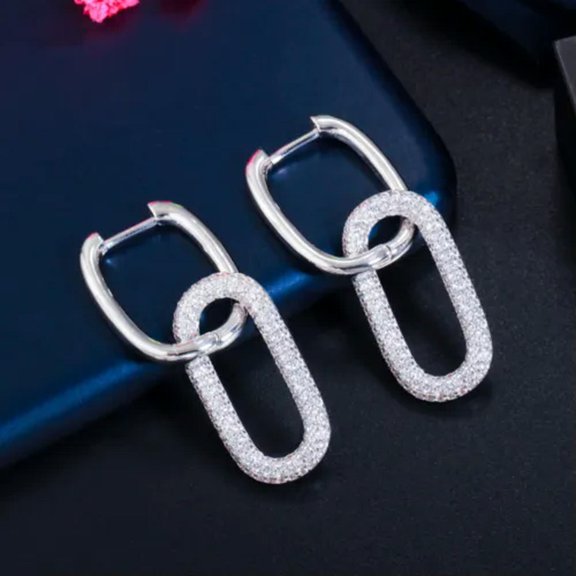 EOEMY Trendy Green Cz Ladies Dangle Rectangle Hoop Earring For Punk White Gold Jewelry