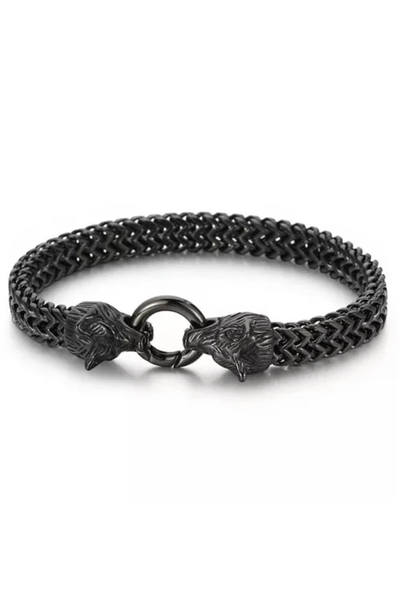 Trendy Women Men Stainless Steel Wolf Clasp Wristband Franco Link Chain Bracelet-Black