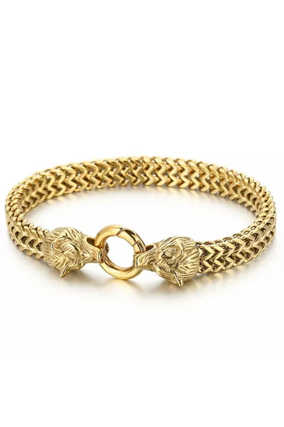 Trendy Women Men Stainless Steel Wolf Clasp Wristband Franco Link Chain Bracelet-Gold