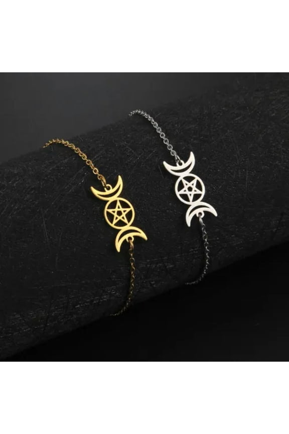 Triple Moon Goddess Pentagram Bracelet Wicca Stainless Steel Jewelry Gift