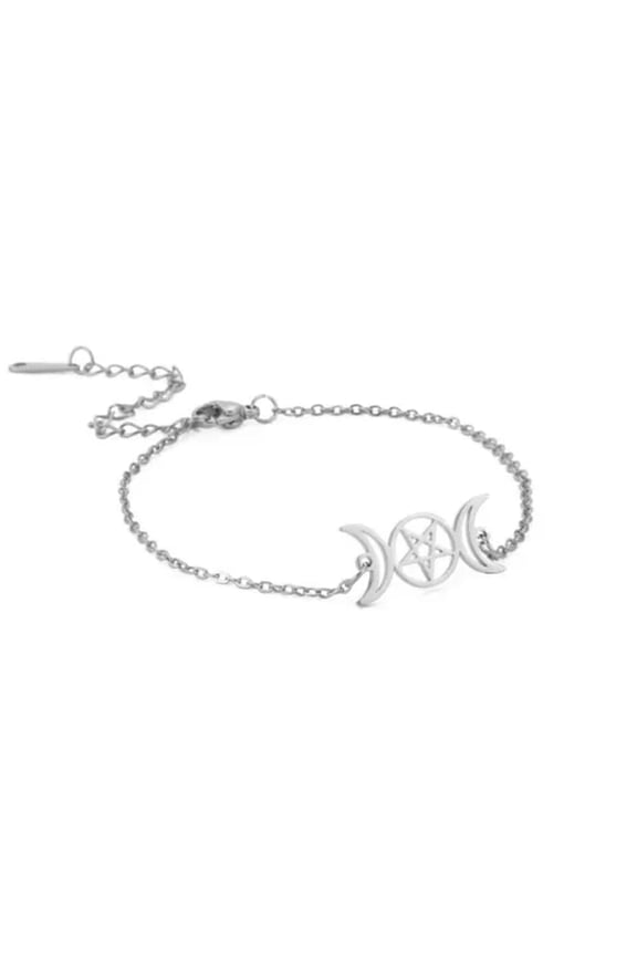 Triple Moon Goddess Pentagram Bracelet Wicca Stainless Steel Jewelry Gift