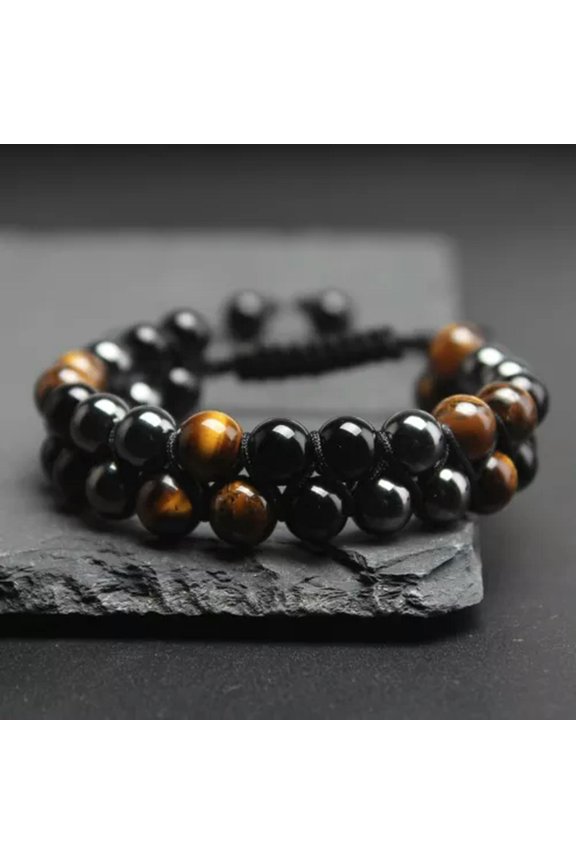 Triple Protection Tiger Eye Obsidian Hematite Men Healing Strength Bracelet Gift