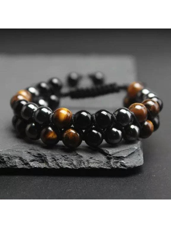 Triple Protection Tiger Eye Obsidian Hematite Men Healing Strength Bracelet Gift