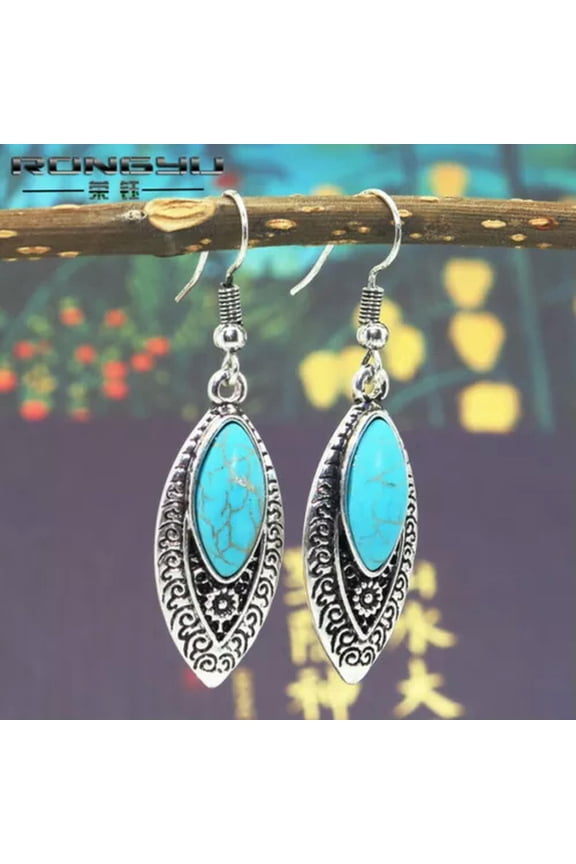 Turquoise 925 Silver Vintage Ear Hook Earrings Women Wedding Dangle Drop Jewelry-#9