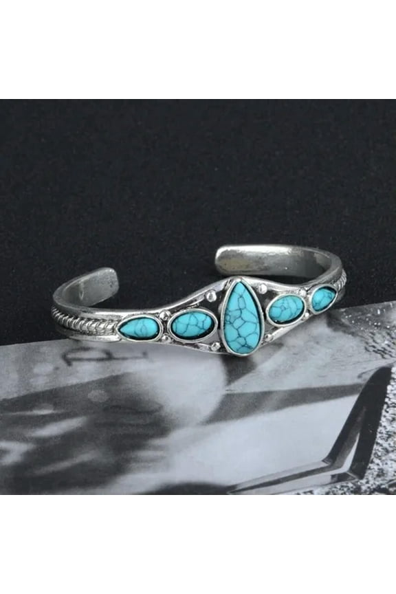 Vintage 925 Silver Turquoise Women Open Bangle Cuff Bracelet Wedding Jewelry-1