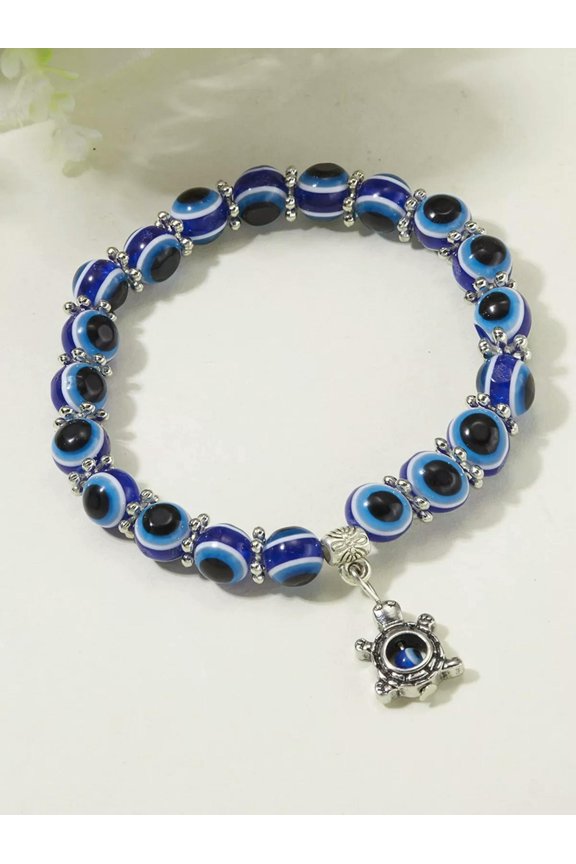Turtle & Eye Decor Blue Beaded Bracelet For Women Men Stretchy Stackable-Default