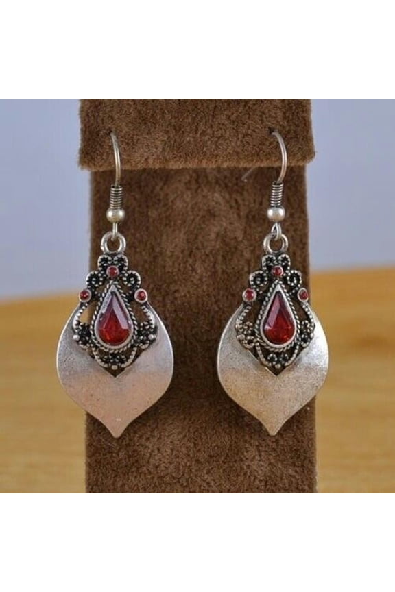 Vintage 925 Silver Ear Hook Moonstone Dangle Drop Earrings Women Wedding Jewelry-Red