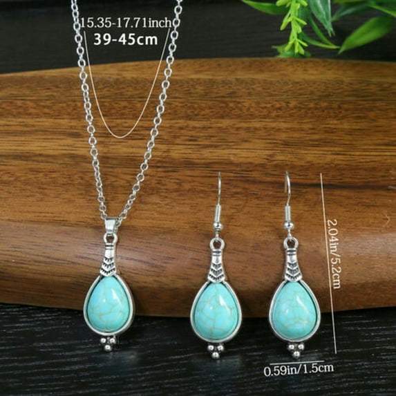EOEMY Vintage 925 Silver Turquoise Boho Charm Pendant Jewelry Earrings Necklace Set-#4