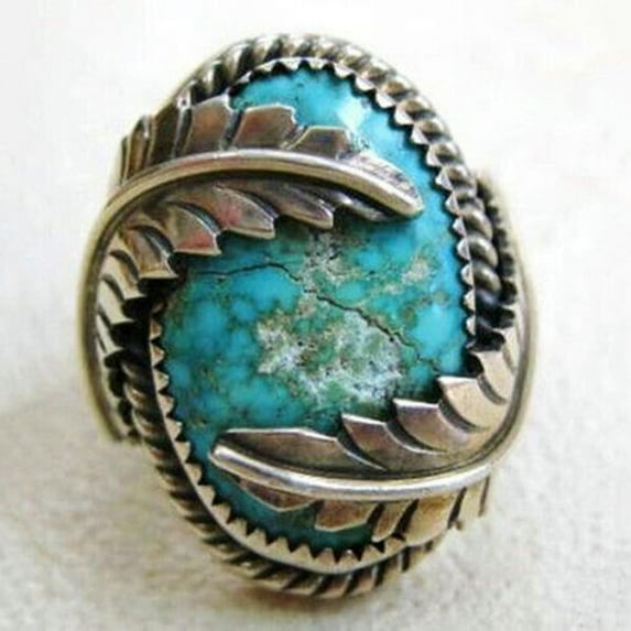 EOEMY Vintage 925 Silver Turquoise Ring Women Man Wedding Party Gift Jewelry Size 6-10-#6-10
