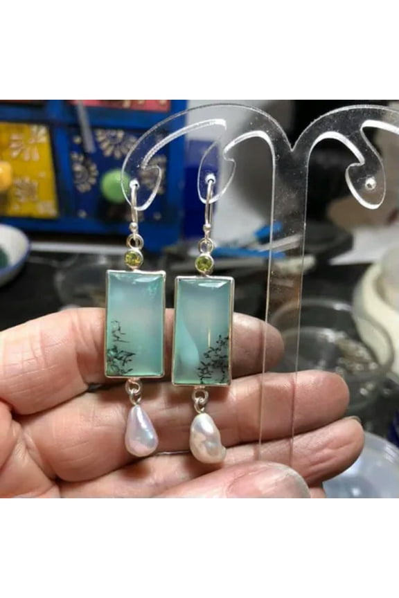 Vintage 925 Sliver Pearl Earrings Stud Dangle Drop Wedding Women Jewelry A Pair-Green