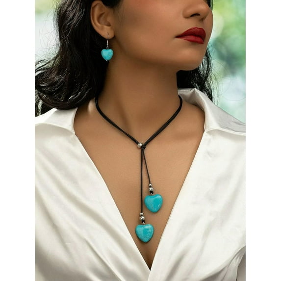 EOEMY Vintage Bohemian Style Long Heart & Turquoise Design Necklace And Earring Set-Default