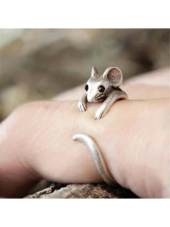 Vintage Cute Mouse Animal Silver Plated Adjustable Cuff Ring Creative Lovely New-Silver