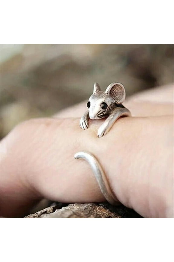 Vintage Cute Mouse Animal Silver Plated Adjustable Cuff Ring Creative Lovely New-Silver