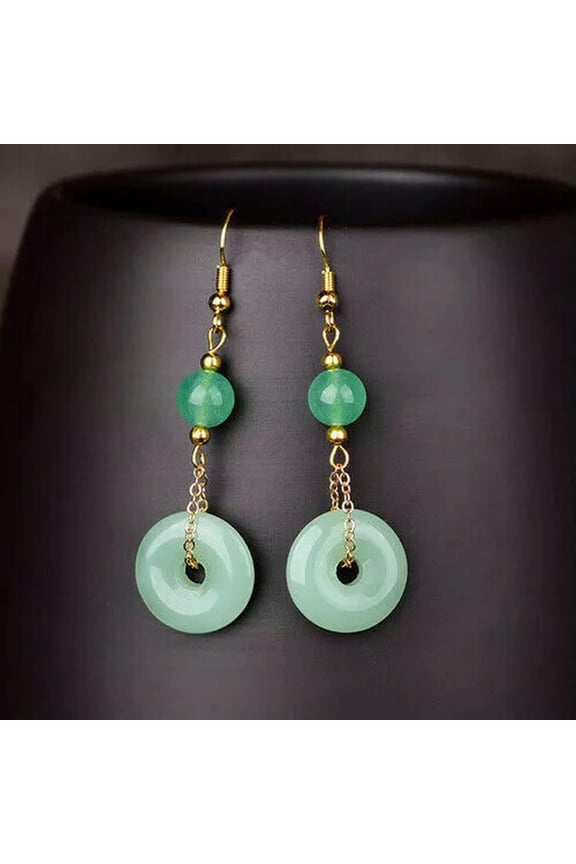 Vintage Hook Earrings Women 18K Yellow Gold Filled Green Jade Stone Jewelry Gift