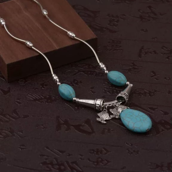 EOEMY Vintage Women'S Tibetan Silver Turquoise Beads String Pendant Necklaces Jewelry-3002