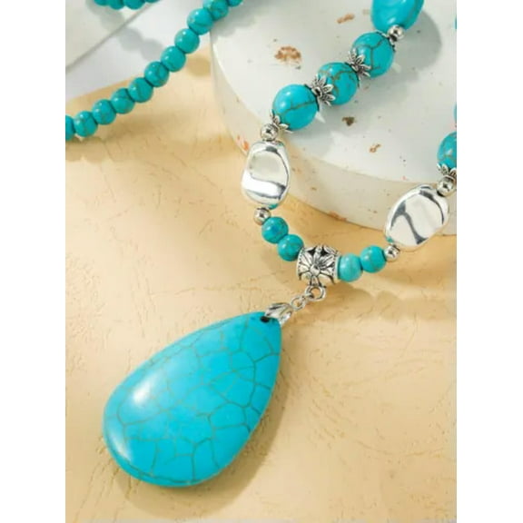 EOEMY Vintage Women'S Tibetan Silver Turquoise Beads String Pendant Necklaces Jewelry-3004