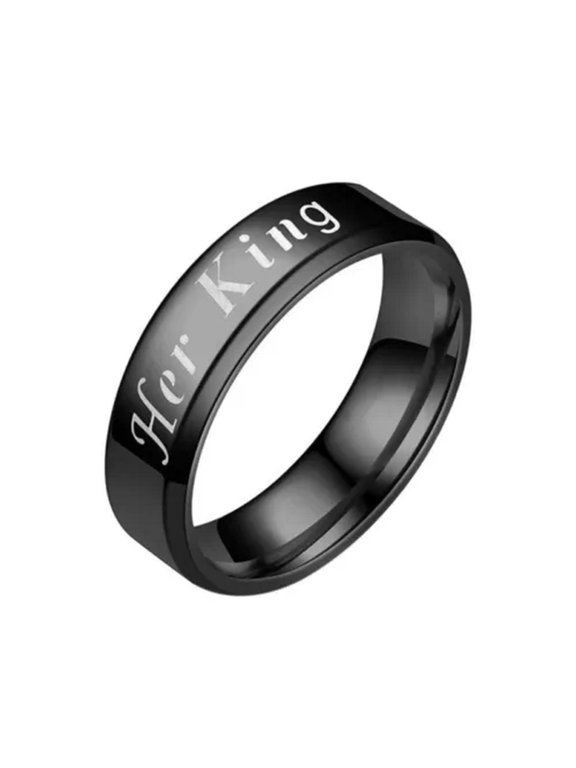 Wedding Anniversary His Queen Her King Printed Style Titanium Steel Couple Ring-Black Her King-11
