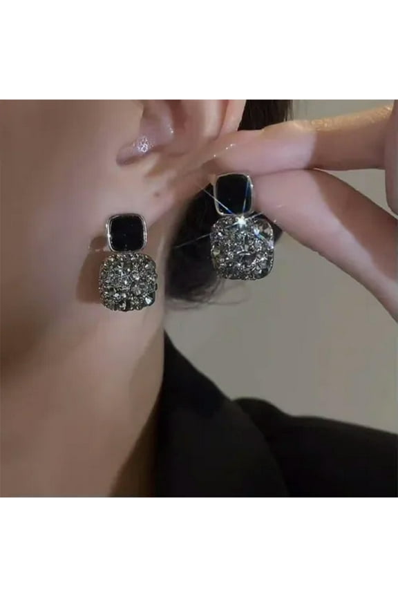 Wedding Geometric Square Crystal Stud Earrings Drop Dangle Women Jewelry Gift-Black