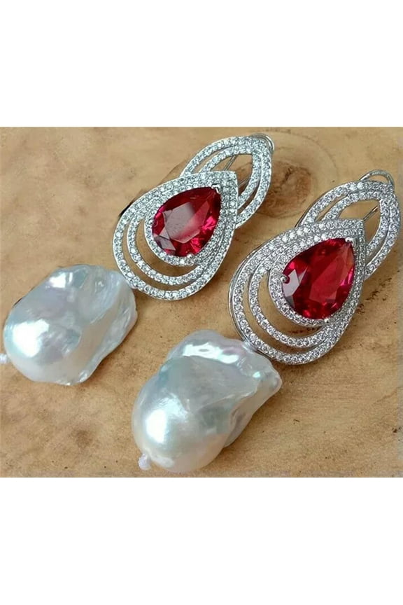 White Cultured Keshi Pearl Red Cubic Zircon Rhinestone Stud Earrings