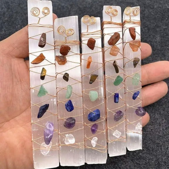 EOEMY White Electroplated Gypsum Selenite Wand Copper Wire Wrapped Crystal Reiki Stone