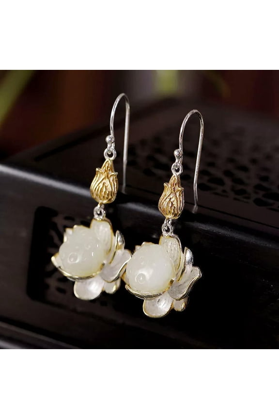 White Jade Lotus Earrings 925 Silver Women Jewelry Luxury Chalcedony Natural