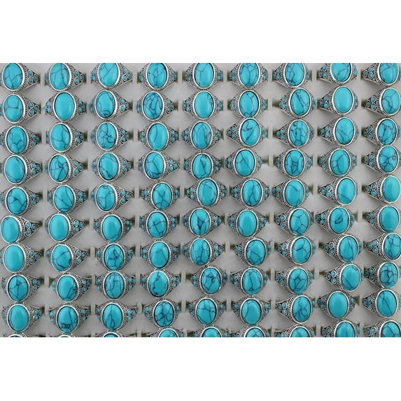 EOEMY Wholesale Jewelry Lots 32Pcs Mixed Charm Blue Natural Stone Womens Resin Rings