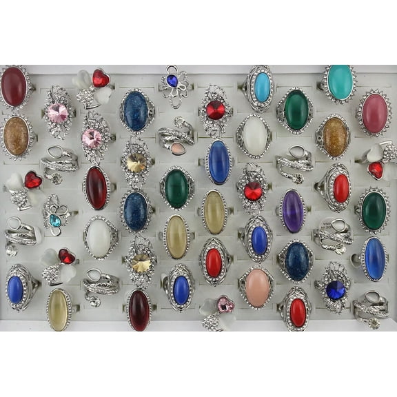 EOEMY Wholesale Jewelry Lots 32Pcs Mixed Resin Rhinestone Party Lady'S Silver P Rings