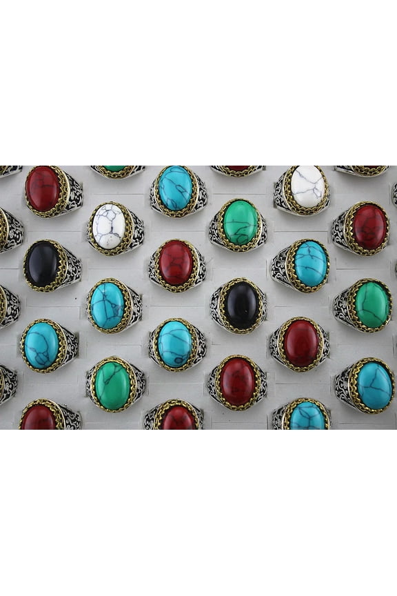 Wholesale Jewelry Lots Natural Stone 30Pcs Alloy Classic Women/Men'S Rings