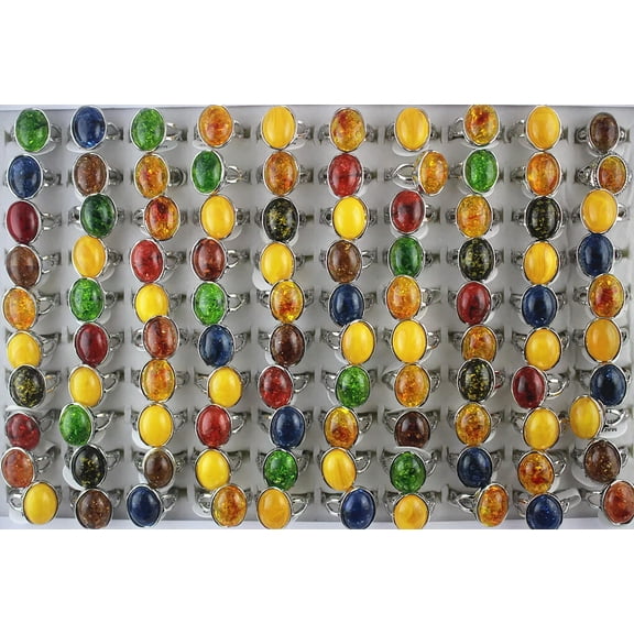 EOEMY Wholesale Job Lots 32Pcs Silver P Mixed Color Oval Resin Classic Lady'S Rings