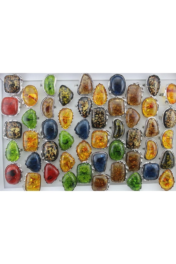 Wholesale Lots 30Pcs Women Oversize Imitation Amber Resin Mixed Rings Adjustable