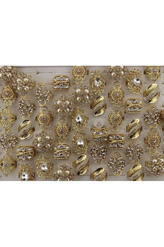 Wholesale Lots 32Pcs Gold P Jewelry Mixed Clear Rhinestone Lady'S Party Rings