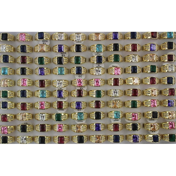 EOEMY Wholesale Lots 32Pcs Gold P Jewelry Rectangle Cubic Zirconia Rhinestone Rings
