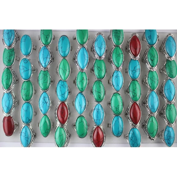 EOEMY Wholesale Lots 32Pcs Mixed Gemstone Jewelry Silver Plated Unisex Party Rings