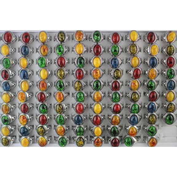 EOEMY Wholesale Lots 32Pcs Silver Plated Mixed Color Resin Classic Lady'S Women Rings