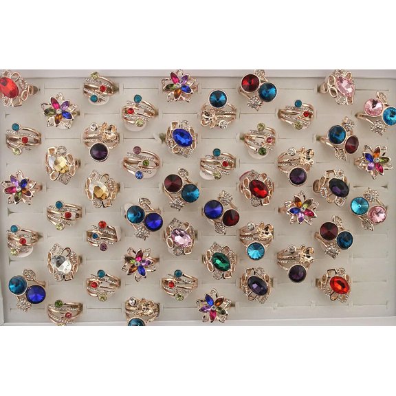 EOEMY Wholesale Lots 32Pcs Women Jewelry Rose Gold Plated Lady'S Glass Rhinestone Ring