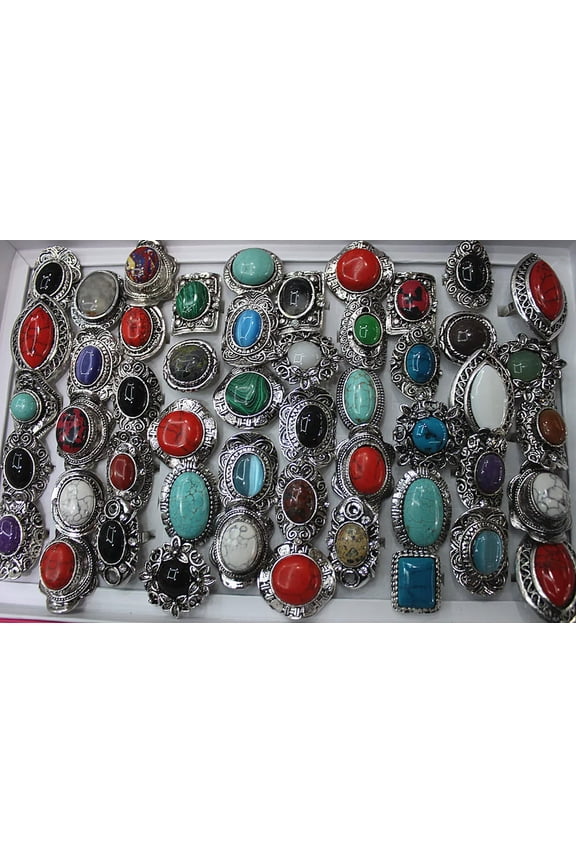 Wholesale Mixed Lots 30Pcs Natural Stone&Alloy Oversize Trendy Colorful Rings