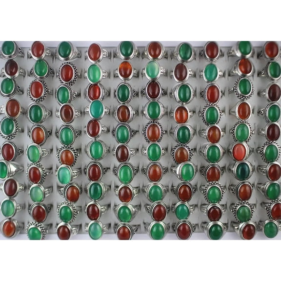 EOEMY Wholesale Mixed Lots 32Pcs Oval Variety Red Green Agate Stone Women Rings