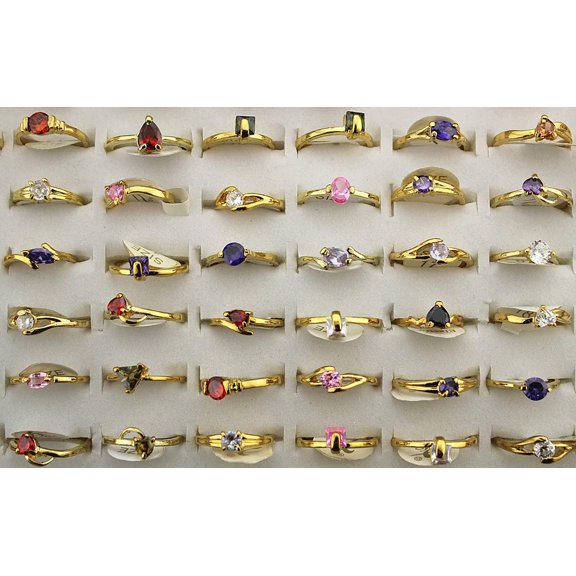 EOEMY Wholesale Mixed Lots 50Pcs Cubic Zirconia Gold P Multicolor Women Rings