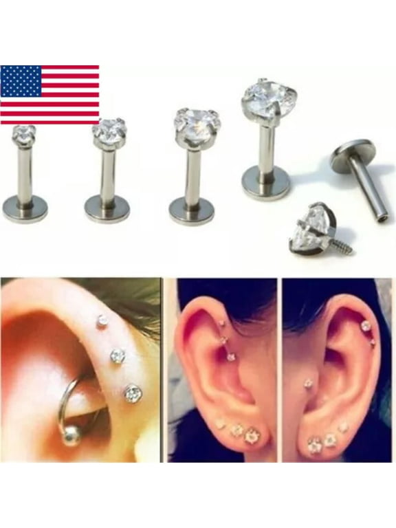 Women Cartilage Crystal Round Tragus Lip Ring Ear Stud Body Piercing Earring.-3mm