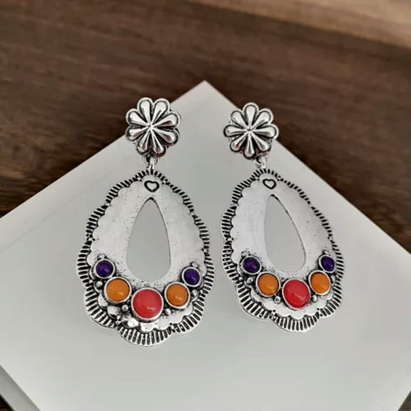 EOEMY Women 925 Silver Ear Hook Boho Drop Dangle Earrings Multi-Color Gemstone Jewelry-Round-#11
