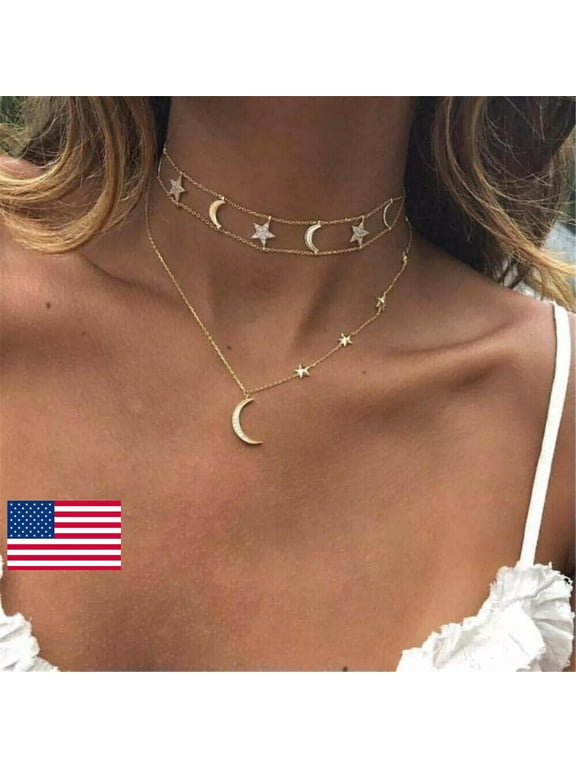 Women Boho Multilayer Choker Crystal Moon Star Pendant Chain Necklace Jewelry.