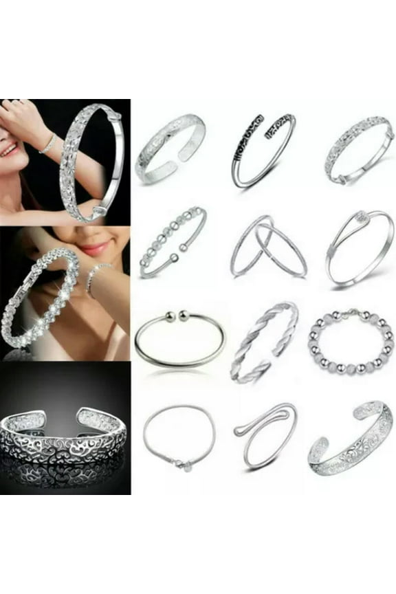 Women Bracelet Jewelry 925 Sterling Solid Silver Crystal Cuff Bangle Bracelet./-#1