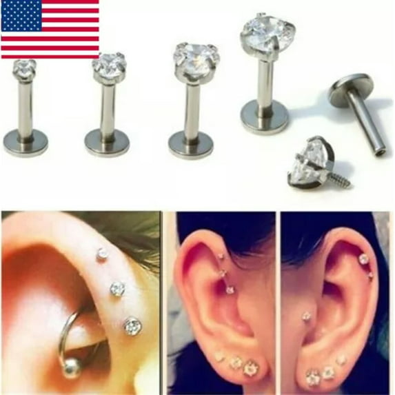 EOEMY Woman Cartilage Earring Crystal Round Tragus Lip Ring Ear Stud Body Piercing Us-2mm